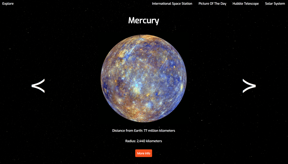Mercury page on Solar System app